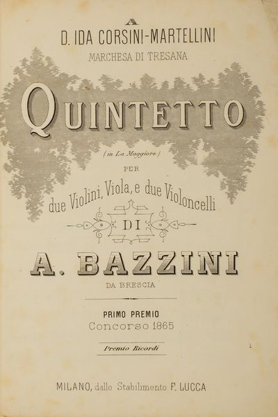 ,Claudio Bazzini : Quintetto in La Maggiore per due violini, viola e due violoncelli  - Asta Libri, Autografi e Stampe - Associazione Nazionale - Case d'Asta italiane
