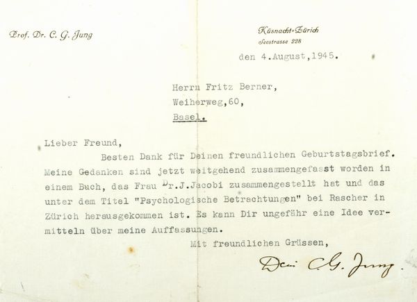,Jung, Carl Gustav : Lettera dattiloscritta con firma  - Asta Libri, Autografi e Stampe - Associazione Nazionale - Case d'Asta italiane