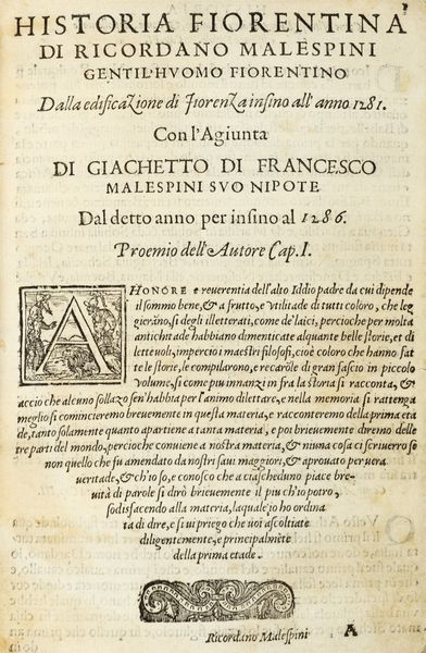 Historia antica ... Dall'edificazione di Fiorenza per insino all'anno 1281  - Asta Libri, Autografi e Stampe - Associazione Nazionale - Case d'Asta italiane