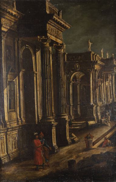 PITTORE ANONIMO DEL XVIII SECOLO : Architetture con figure orientali  - Asta Asta 203 Dipinti - Associazione Nazionale - Case d'Asta italiane