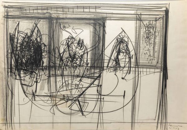 EMILIO SCANAVINO Genova 1922 - 1986 Milano : Composizione astratta 4.III.57  - Asta Asta 203 Dipinti - Associazione Nazionale - Case d'Asta italiane