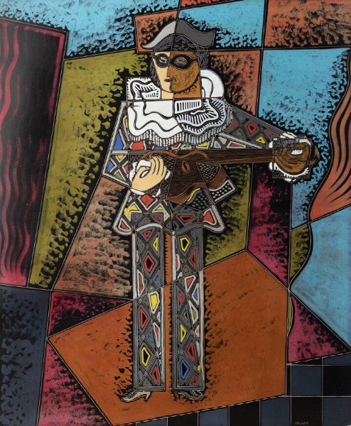 PIPPO ORIANI Torino 1909 - 1972 Roma : Arlecchino chitarrista 1961/63  - Asta Asta 203 Dipinti - Associazione Nazionale - Case d'Asta italiane