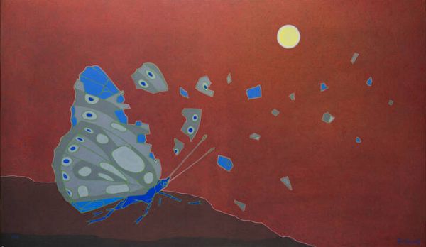 FRANCESCO CASORATI Torino 1934 - 2013 : La farfalla rotta su cielo rosso 1977  - Asta Asta 203 Dipinti - Associazione Nazionale - Case d'Asta italiane