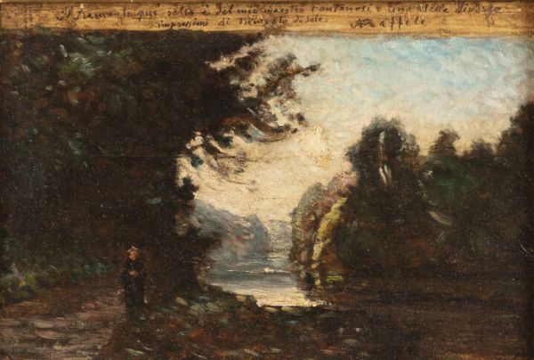 ANTONIO FONTANESI Reggio Emilia (RE) 1818 - 1882 Torino : Rive boschive lungo il Rodano  - Asta Asta 203 Dipinti - Associazione Nazionale - Case d'Asta italiane