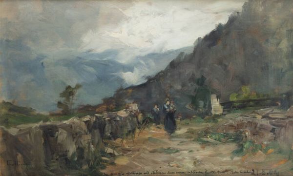 CARLO FOLLINI Domodossola (NO) 1848 - 1938 Pegli (GE) : Stradina con figure 21/08/1904  - Asta Asta 203 Dipinti - Associazione Nazionale - Case d'Asta italiane