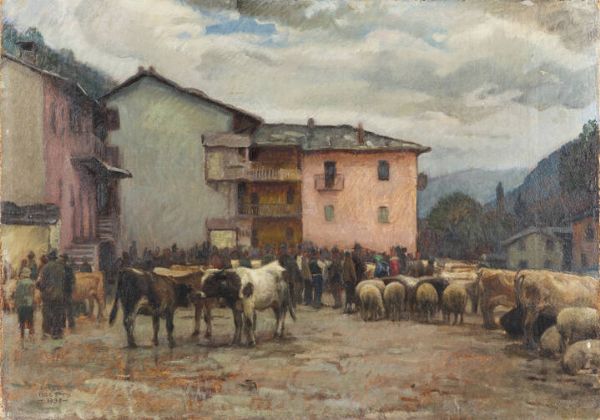 GIULIO BOETTO Torino 1894 - 1967 : Fiera bovina a Paesana 1928  - Asta Asta 203 Dipinti - Associazione Nazionale - Case d'Asta italiane