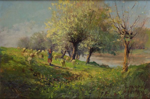 LEONARDO RODA Racconigi (CN) 1868 - 1933 : Paesaggio con pastorella e pecore  - Asta Asta 203 Dipinti - Associazione Nazionale - Case d'Asta italiane