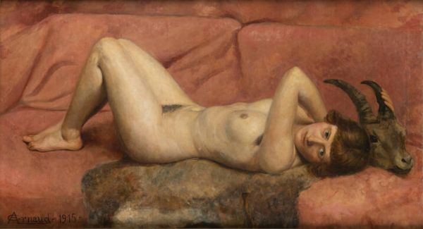 GIOVANNI JR. ARNAUD Caraglio di Cuneo 1888-1948 : Modella in posa con testa di caprone 1915  - Asta Asta 203 Dipinti - Associazione Nazionale - Case d'Asta italiane