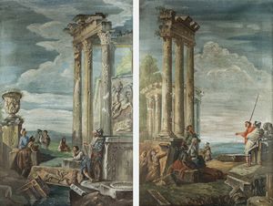 PITTORE ANONIMO DEL XVIII SECOLO - Coppia di vedute con rovine e figure