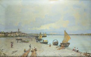 LORENZO GIGNOUS Modena 1862 - 1958 Porto Ceresio (VA) - Spiaggia lacustre con pescatori