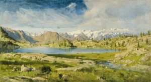 MARCO CALDERINI Torino 1850 - 1941 - Panorama delle Alpi Pennine Valdostane  dal Cervino al Rosa  visto dal Parco Regionale del Monte Avic
