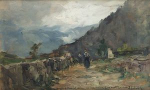 CARLO FOLLINI Domodossola (NO) 1848 - 1938 Pegli (GE) - Stradina con figure 21/08/1904