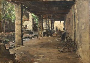 CARLO FOLLINI Domodossola (NO) 1848 - 1938 Pegli (GE) - Calma pomeridiana (rustico in Valle d'Aosta)