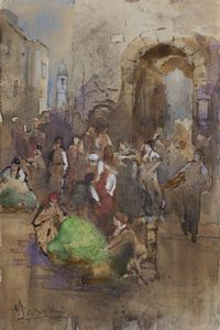POMPEO MARIANI Monza (MI) 1857 - 1927 Bordighera (IM) - Persone al mercato