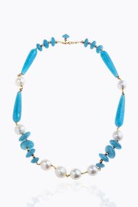 GIROCOLLO - Lunghezza cm 47 in oro rosa con perle di acqua dolce del diam. di mm 12 ca  alternate a dischi e gocce di acquamarina  [..]