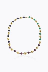 COLLANA - Peso loro gr 36 2 Lunghezza cm 50 composta di sfere di oro satinato alternate a sfere di rosocrodite  pietra dura  [..]