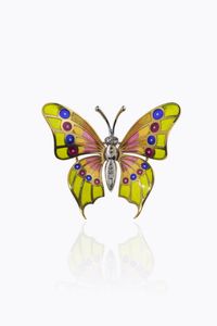 SPILLA - Peso gr 14 2 cm 4 5x4 in oro giallo e bianco a forma di farfalla con smalti policromi e due diamanti taglio 8/ [..]