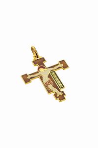 CIONDOLO - Peso gr 6 2 in oro giallo  a forma di croce  con smalti policromi