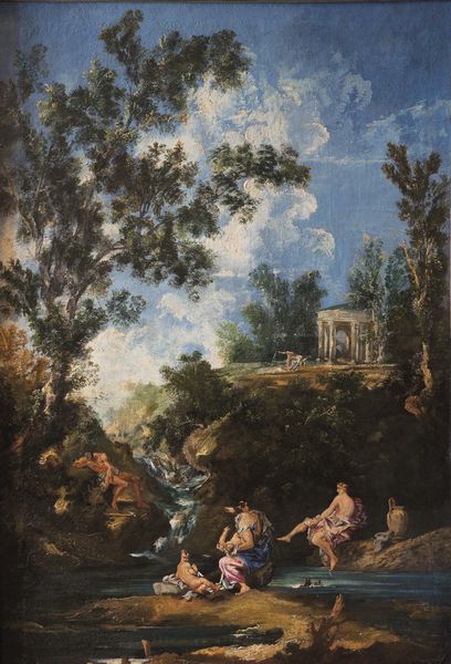 Angelo Visoni (XX secolo) Paesaggio in stile settecentesco con fanciulle al bagno  - Asta Dipinti antichi - Associazione Nazionale - Case d'Asta italiane