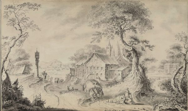 Ferdinand Landerer : Veduta di villaggio con pastori e contadini  - Asta Dipinti antichi - Associazione Nazionale - Case d'Asta italiane