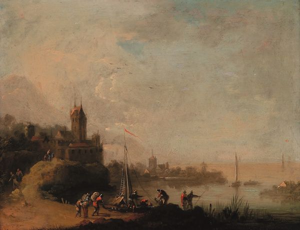 Christian Hilfgott Brand, Attribuito a : Paesaggi costieri con imbarcazioni e figure  - Asta Dipinti antichi - Associazione Nazionale - Case d'Asta italiane