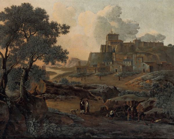 Scuola romana del XVII secolo Paesaggio con contadini e cittadella sullo sfondo  - Asta Dipinti antichi - Associazione Nazionale - Case d'Asta italiane