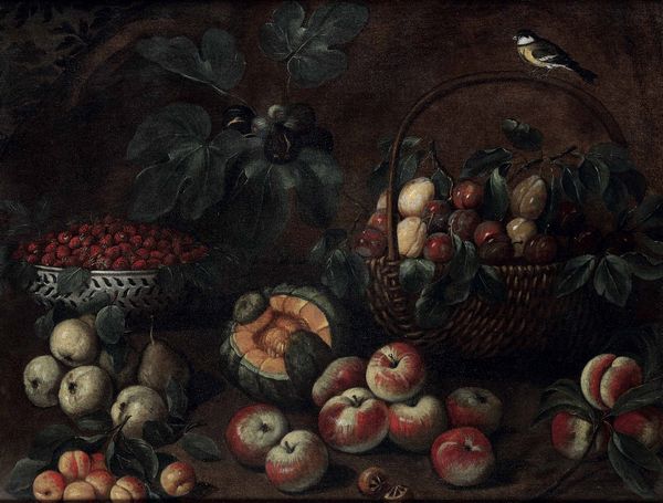 Scuola del XVIII secolo Natura morta con cesta, frutti e uccellino  - Asta Dipinti antichi - Associazione Nazionale - Case d'Asta italiane