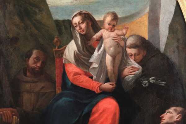 Francesco Zugno : Madonna in trono con i santi Antonio, Francesco e Gaetano da Thiene  - Asta Dipinti antichi - Associazione Nazionale - Case d'Asta italiane