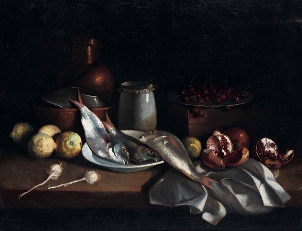 Nicola Levoli, Attribuito a : Natura morta con pesci e melograni  - Asta Dipinti antichi - Associazione Nazionale - Case d'Asta italiane