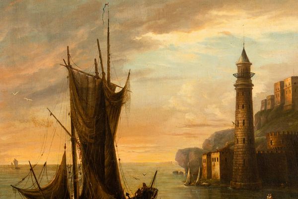 Scuola del XIX secolo Veduta di porto con velieri e faro  - Asta Dipinti antichi - Associazione Nazionale - Case d'Asta italiane