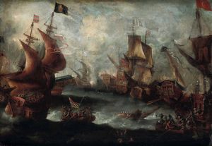 Scuola del XVIII secolo Scontro navale  - Asta Dipinti antichi - Associazione Nazionale - Case d'Asta italiane