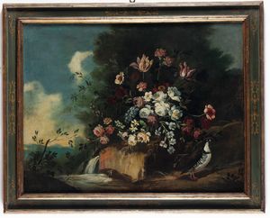 Scuola del XVIII secolo composizioni di fiori in giardino  - Asta Dipinti antichi - Associazione Nazionale - Case d'Asta italiane