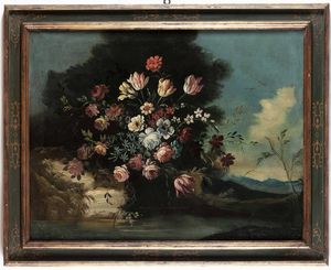 Scuola del XVIII secolo composizioni di fiori in giardino  - Asta Dipinti antichi - Associazione Nazionale - Case d'Asta italiane
