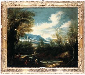 Antonio Francesco Peruzzini, Ambito di : Paesaggio fluviale con contadini  - Asta Dipinti antichi - Associazione Nazionale - Case d'Asta italiane