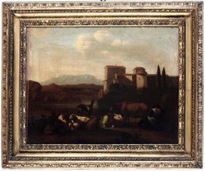Scuola del XVIII secolo Paesaggio con pastori e armenti  - Asta Dipinti antichi - Associazione Nazionale - Case d'Asta italiane