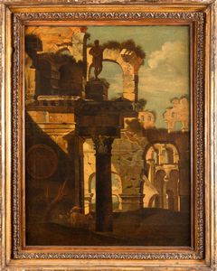 Scuola del XVIII secolo Capriccio architettonico con rovine classiche e pastore  - Asta Dipinti antichi - Associazione Nazionale - Case d'Asta italiane