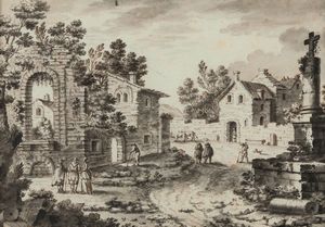 Gerrit van Bronckhorst, Attribuito a - Veduta di villaggio con figure di paesani