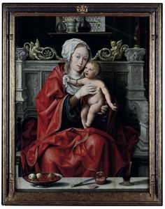 Scuola di Anversa, XVI secolo Madonna in trono con Bambino in un interno  - Asta Dipinti antichi - Associazione Nazionale - Case d'Asta italiane