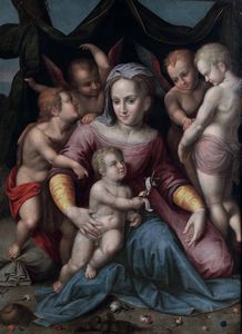 Matteo Pérez detto Matteo da Lecce, Attribuito a - Madonna con Bambino, San Giovannino e cherubini