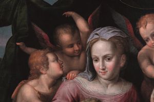 Matteo Pérez detto Matteo da Lecce, Attribuito a : Madonna con Bambino, San Giovannino e cherubini  - Asta Dipinti antichi - Associazione Nazionale - Case d'Asta italiane