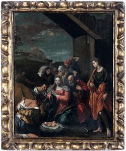 Scuola ferrarese del XVII secolo Adorazione dei pastori  - Asta Dipinti antichi - Associazione Nazionale - Case d'Asta italiane
