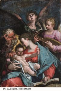 Bartholomäus Spranger, Attribuito a : Sacra Famiglia con angeli  - Asta Dipinti antichi - Associazione Nazionale - Case d'Asta italiane