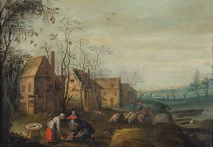 Scuola fiamminga del XVII/XVIII secolo L'uccisione del maiale  - Asta Dipinti antichi - Associazione Nazionale - Case d'Asta italiane