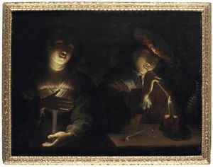 Pietro Ricchi detto il Lucchese : Due figure a lume di candela  - Asta Dipinti antichi - Associazione Nazionale - Case d'Asta italiane
