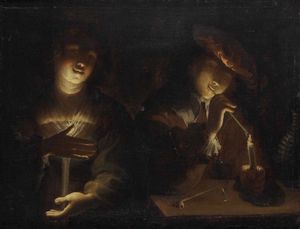 Pietro Ricchi detto il Lucchese : Due figure a lume di candela  - Asta Dipinti antichi - Associazione Nazionale - Case d'Asta italiane