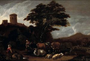 Cornelis Saftleven (1607 Gorinchem - 1681 Rotterdam) Paesaggio con pastori e armenti  - Asta Dipinti antichi - Associazione Nazionale - Case d'Asta italiane