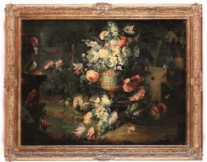 Michele Antonio Rapous, Attribuito a : Nature morte con frutti e vasi ricolmi di fiori  - Asta Dipinti antichi - Associazione Nazionale - Case d'Asta italiane