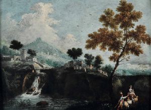 Giovan Battista Cimaroli : Paesaggio con figure e cascata  - Asta Dipinti antichi - Associazione Nazionale - Case d'Asta italiane