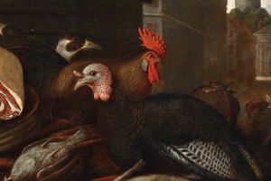 Felice Boselli, Bottega di : Banco di mercato con carni e animali da cortile  - Asta Dipinti antichi - Associazione Nazionale - Case d'Asta italiane