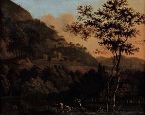 Wilhelm De Heusch, Attribuito a : Paesaggio fluviale con bagnanti  - Asta Dipinti antichi - Associazione Nazionale - Case d'Asta italiane